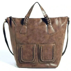 Distressed faux leather, cross body satchel with braided inlay